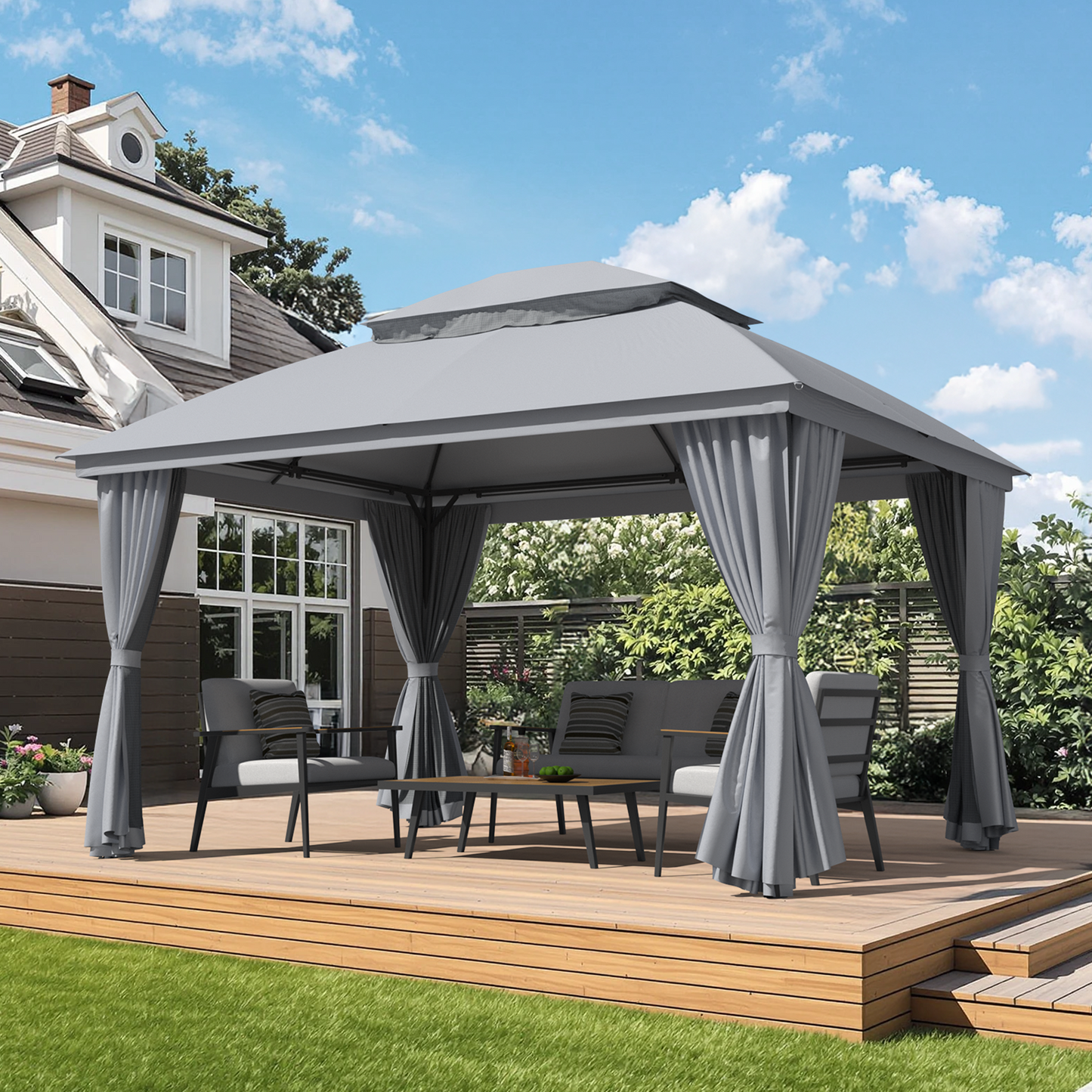 10'x13' Outdoor Patio Gazebo with Mosquito Netting and Privacy Curtain