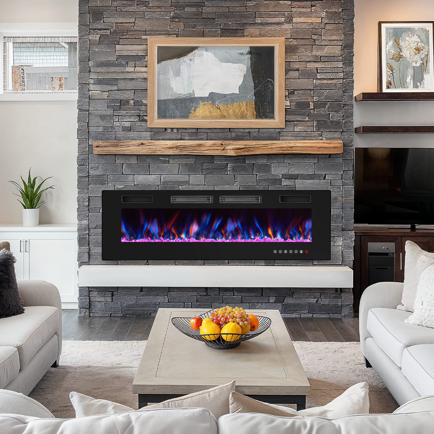 60" Electric Fireplace, 750/1500WRecessed Wall Mounted Electric Heater