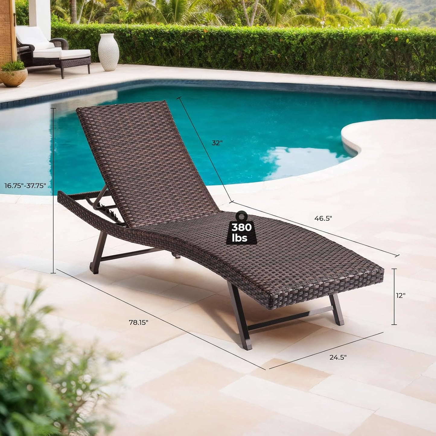 2 x Outdoor Chaise Lounge Chair, Rattan Lounger Recliner Tanning Chair