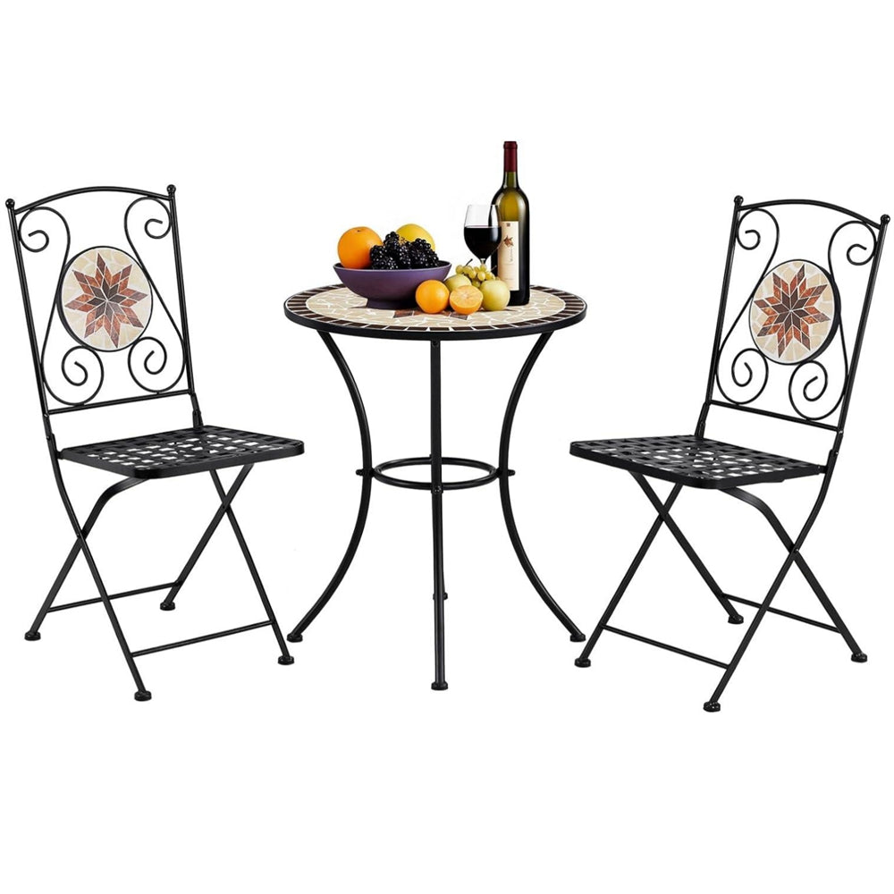 3 Piece Patio Bistro Set, Outdoor Metal Round Table w/ 2 Folding Chair