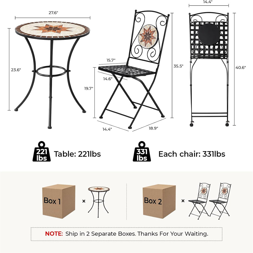 3 Piece Patio Bistro Set, Outdoor Metal Round Table w/ 2 Folding Chair