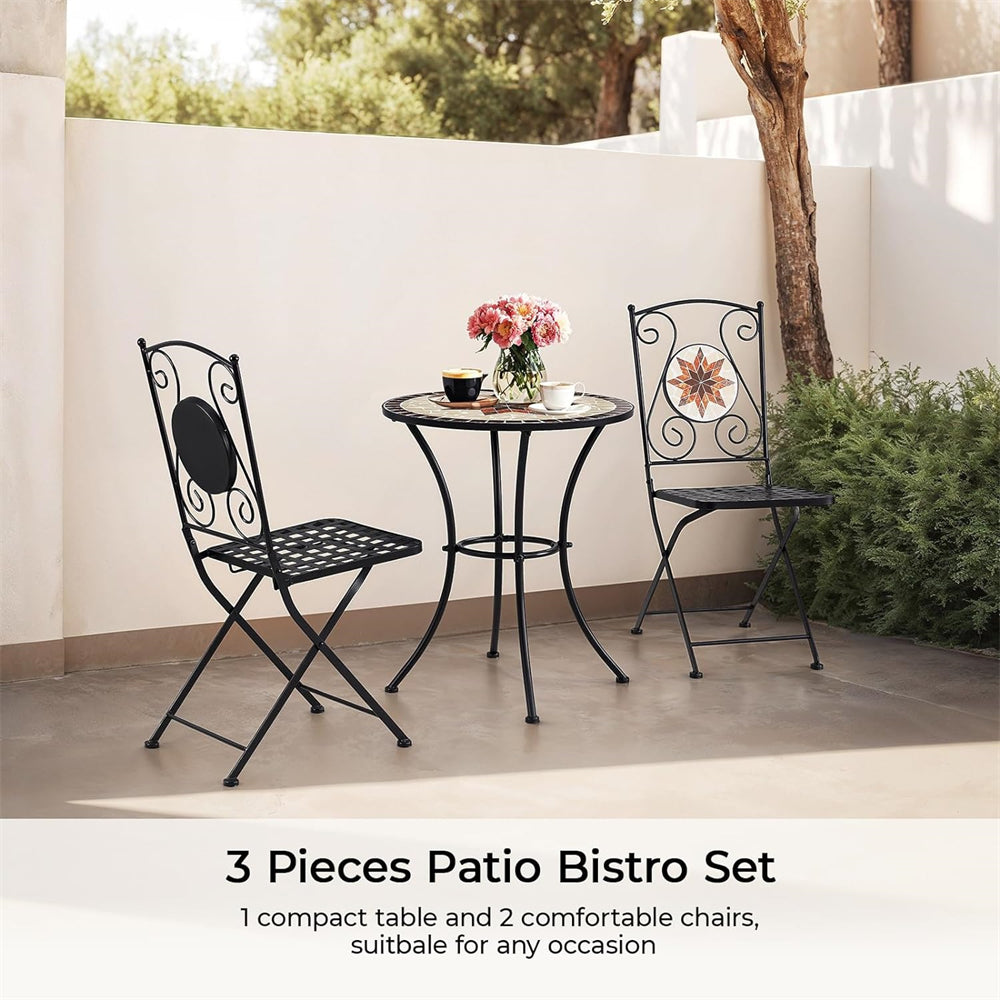 3 Piece Patio Bistro Set, Outdoor Metal Round Table w/ 2 Folding Chair