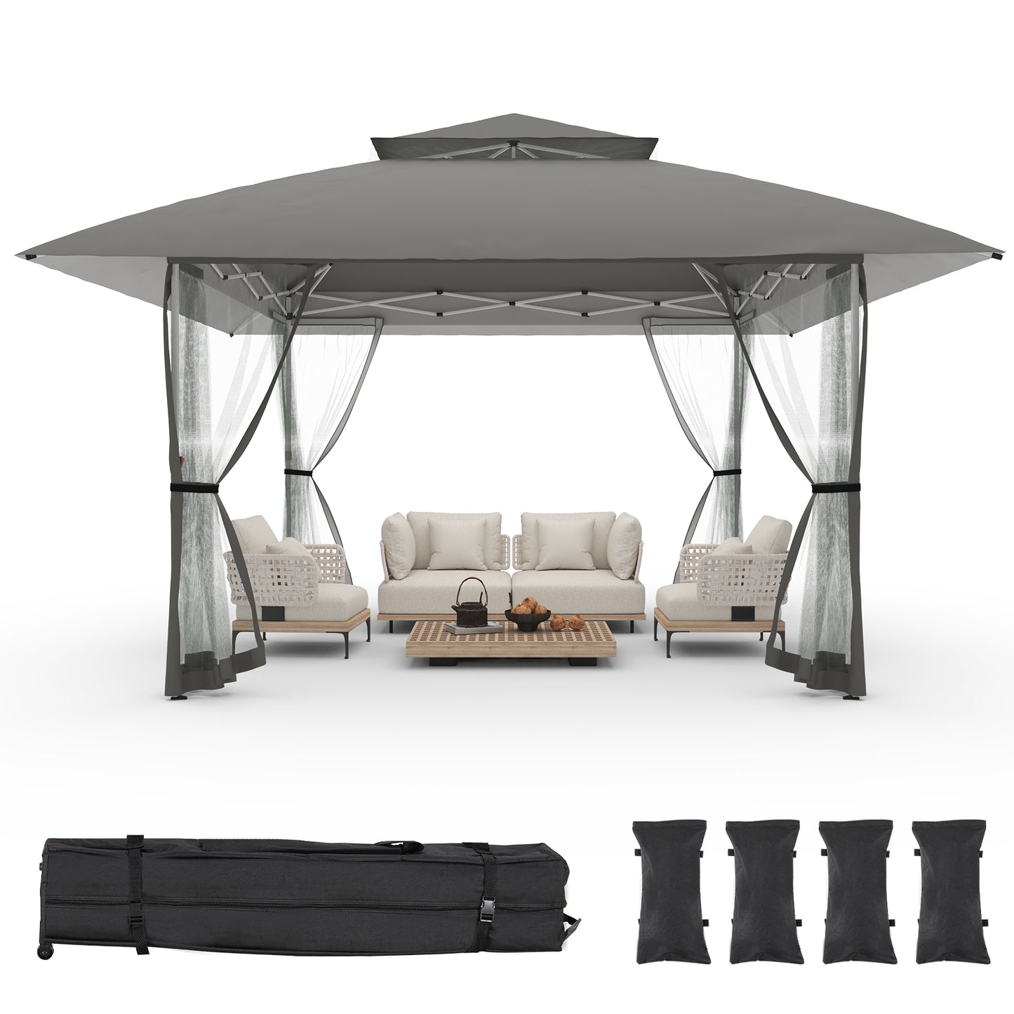 13x13 Pop Up Gazebo Instant Canopy Tent w/ Mosquito Netting, Dark Gray