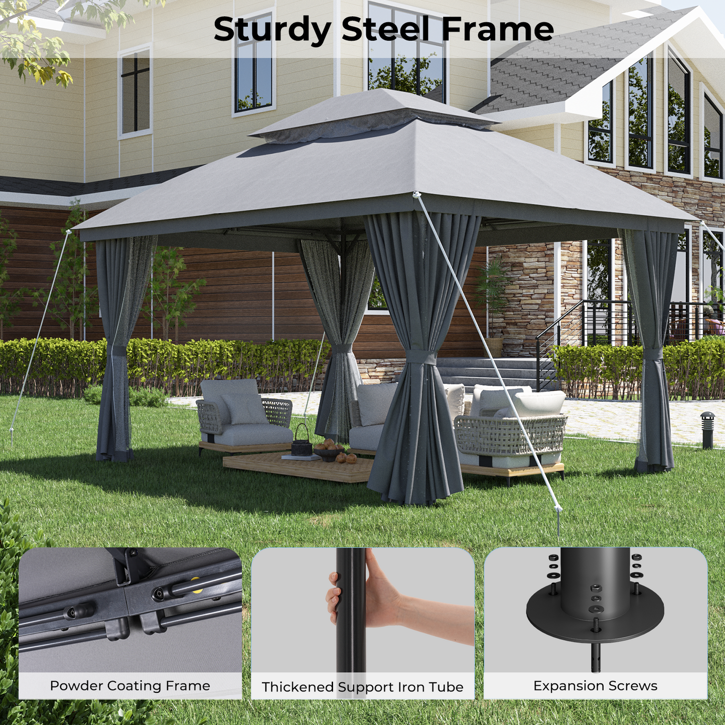 10'x13' Outdoor Patio Gazebo with Mosquito Netting and Privacy Curtain