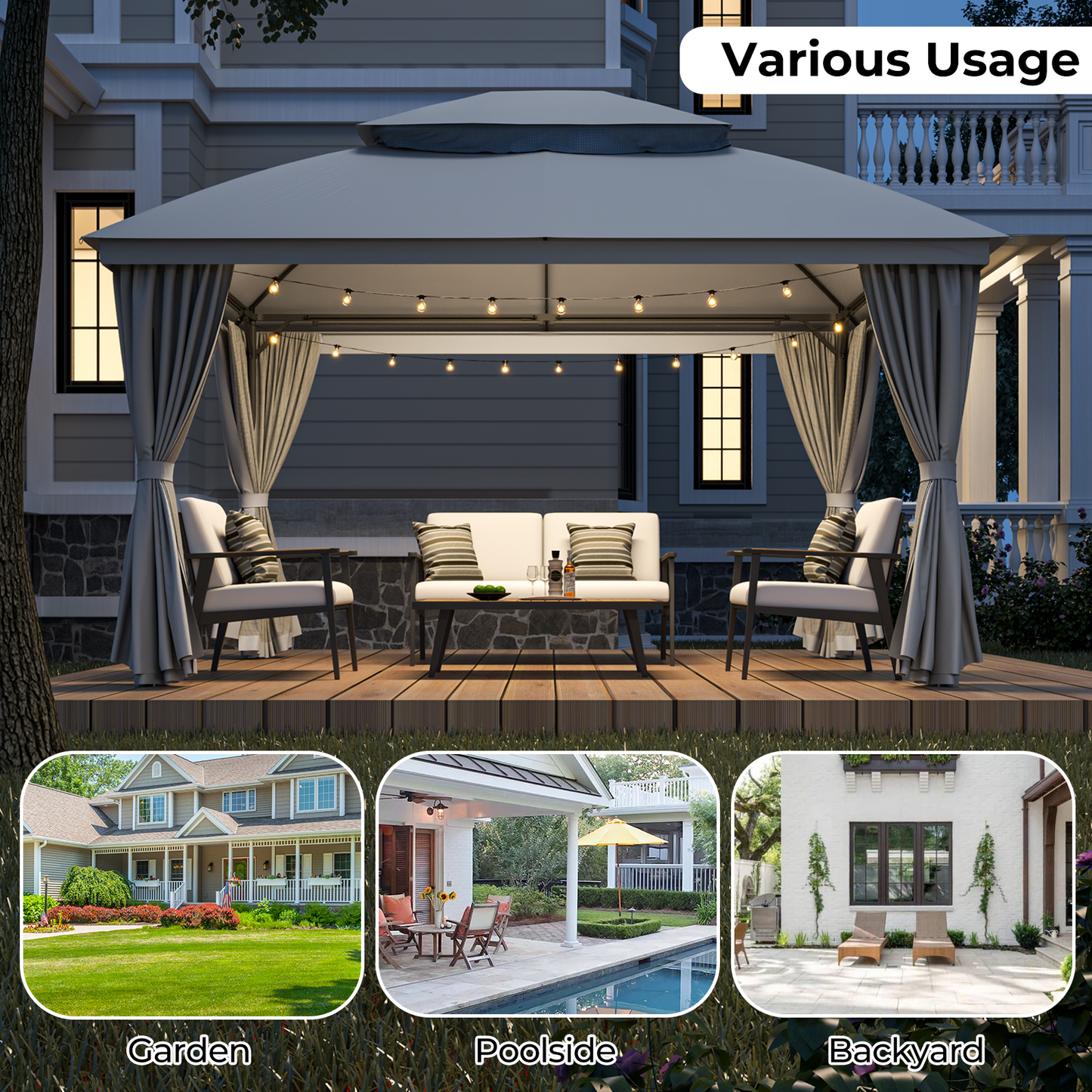 10'x13' Outdoor Patio Gazebo with Mosquito Netting and Privacy Curtain