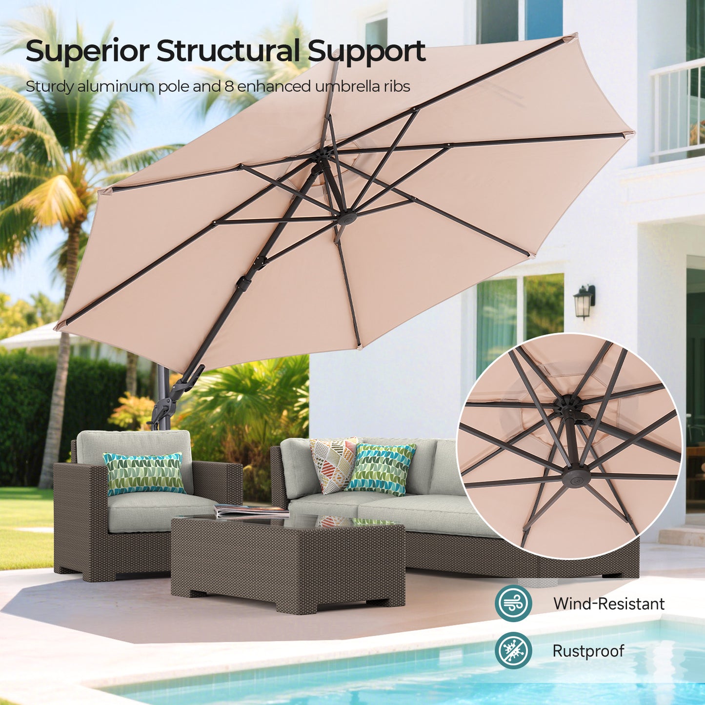 11ft Outdoor Patio Umbrella 360° Rotation Cantilever Offset Umbrell