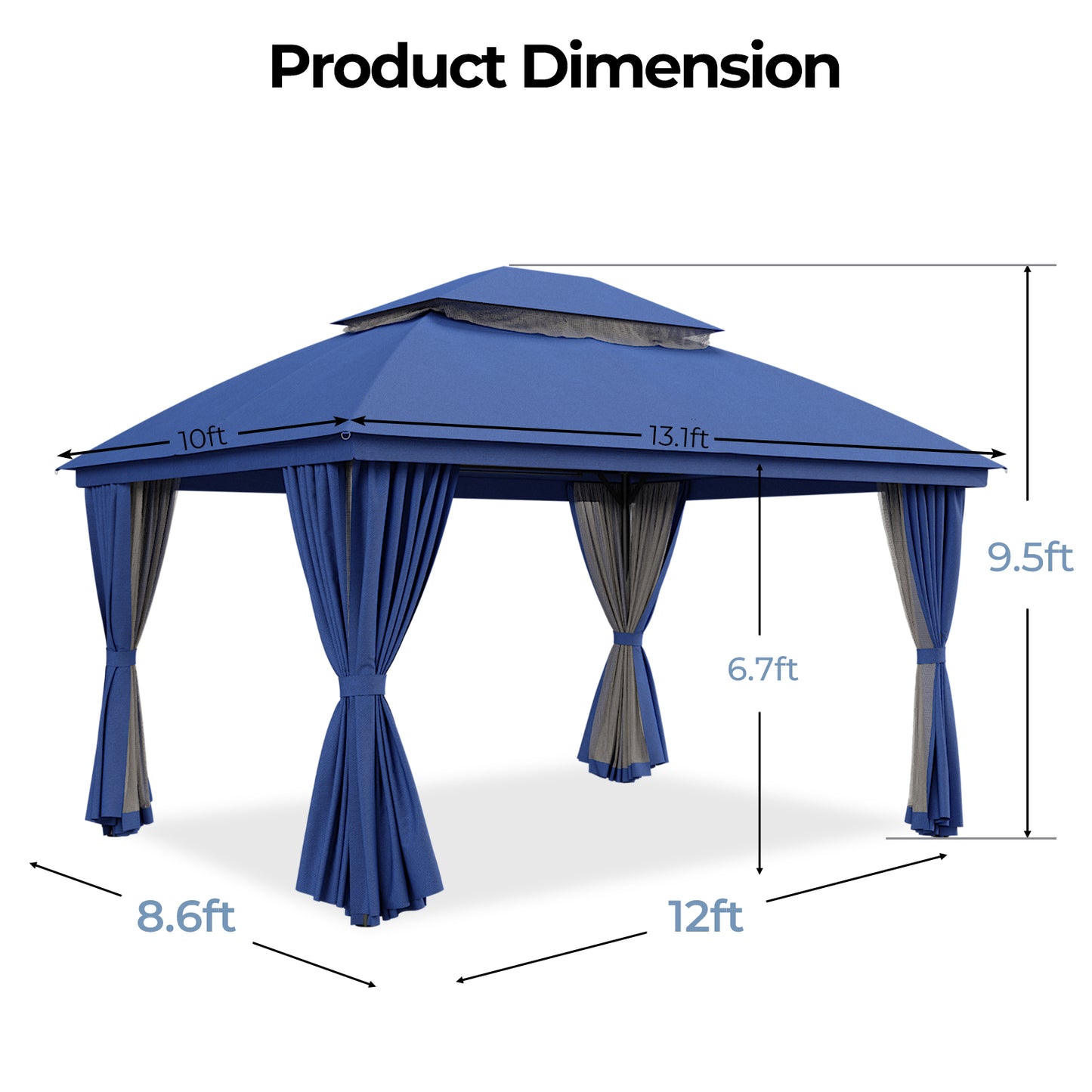 10'x13' Outdoor Patio Gazebo with Double Roof & Mosquito Netting, Blue