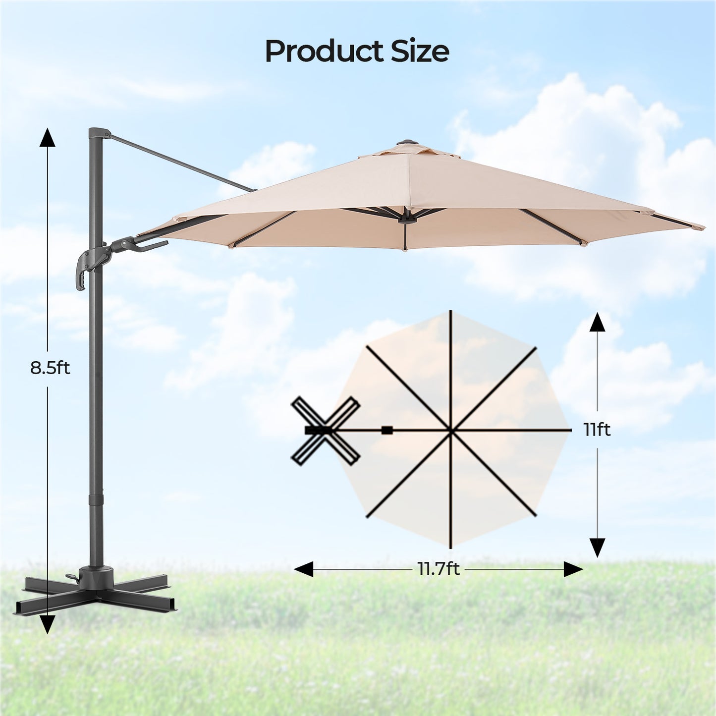 11ft Outdoor Patio Umbrella 360° Rotation Cantilever Offset Umbrell