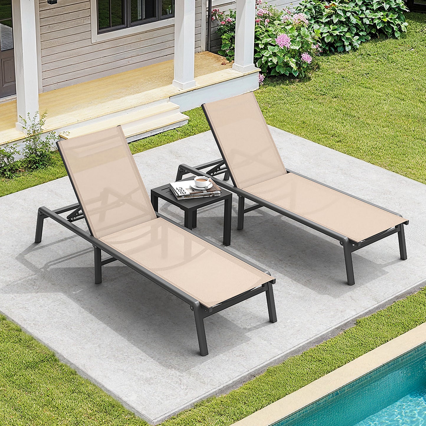 Foldable Aluminum Outdoor Chaise Lounge Chair, No Assembly, Khaki