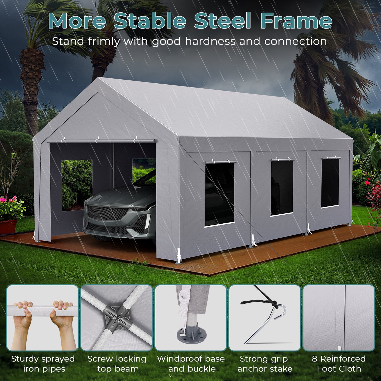 12'x20' Heavy Duty Carport with 6 Roll-up Mesh Windows & Rolling Door