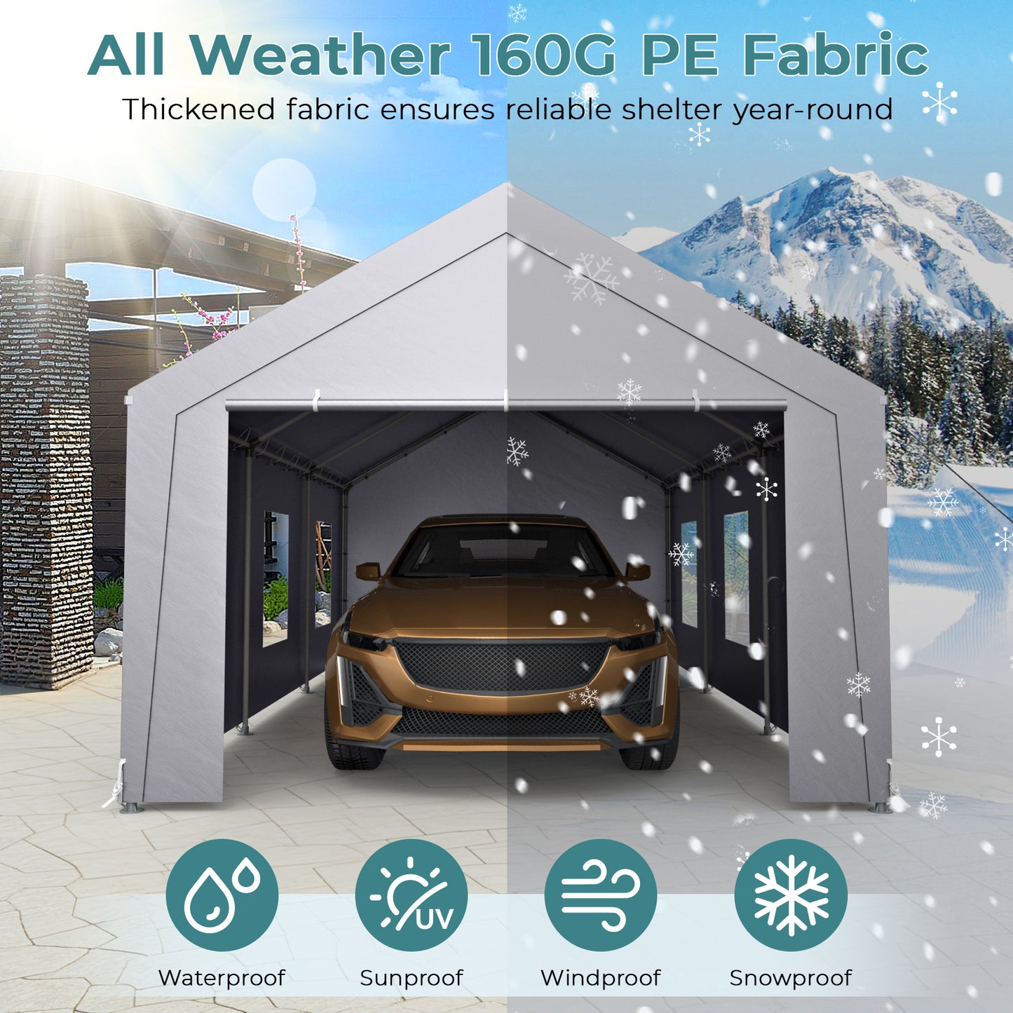 12'x20' Heavy Duty Carport with 6 Roll-up Mesh Windows & Rolling Door