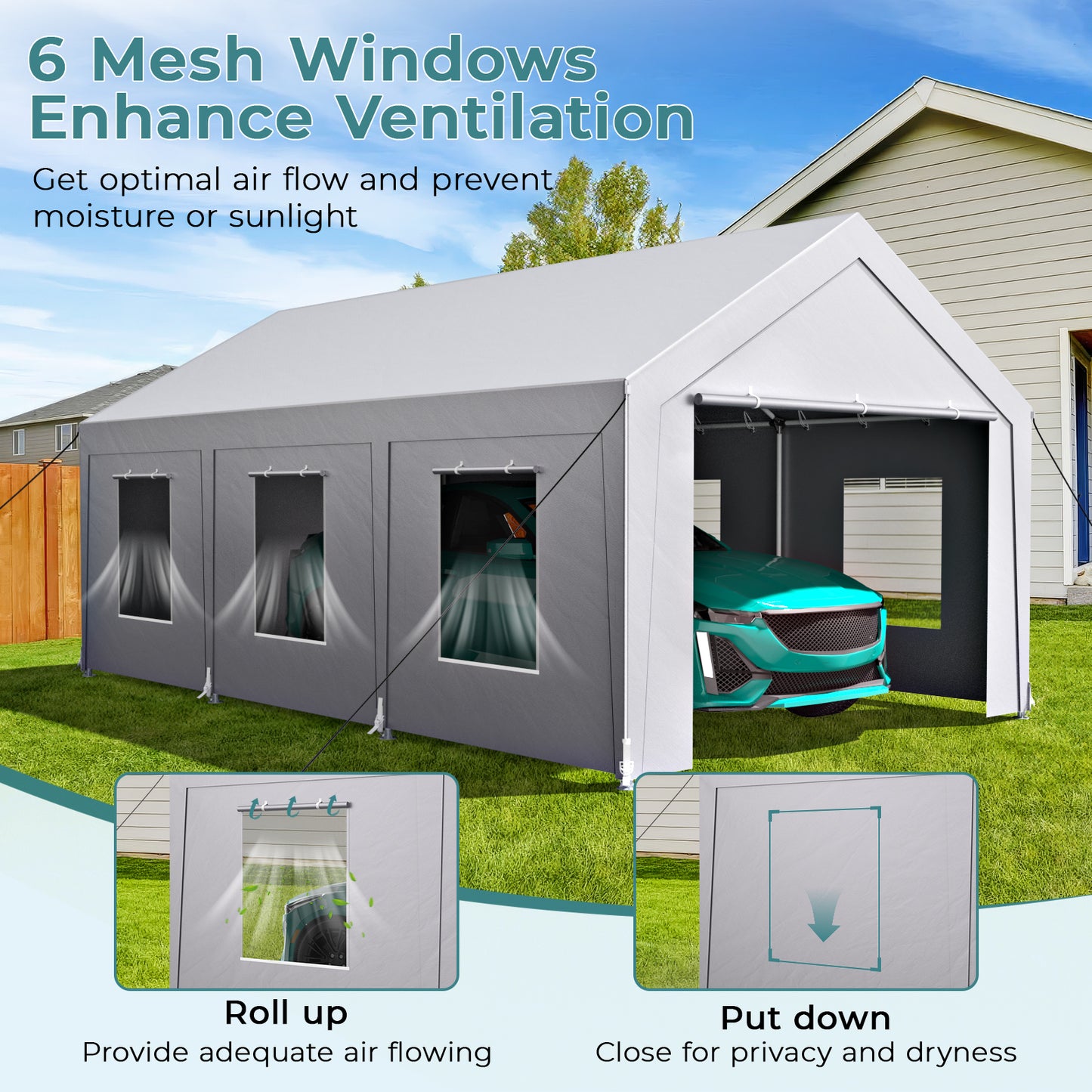 12'x20' Heavy Duty Carport with 6 Roll-up Mesh Windows & Rolling Door