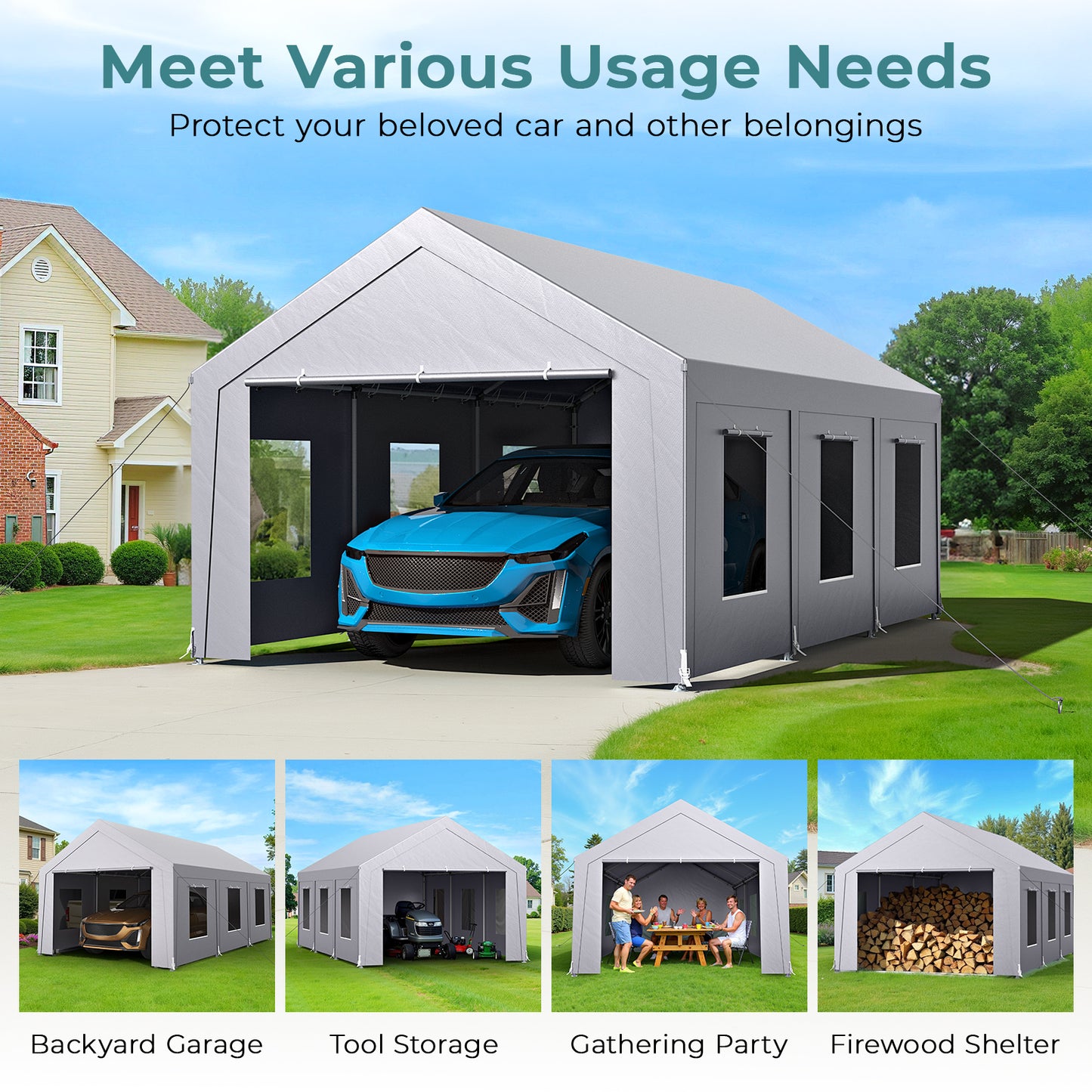 12'x20' Heavy Duty Carport with 6 Roll-up Mesh Windows & Rolling Door