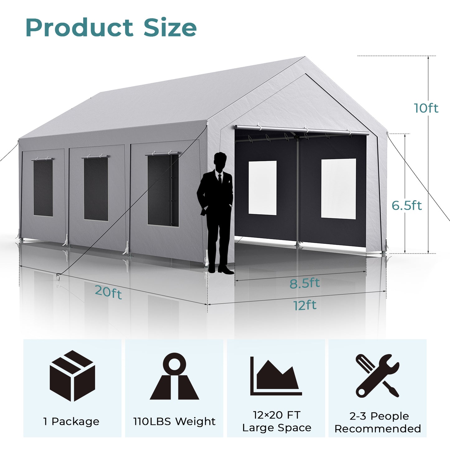 12'x20' Heavy Duty Carport with 6 Roll-up Mesh Windows & Rolling Door
