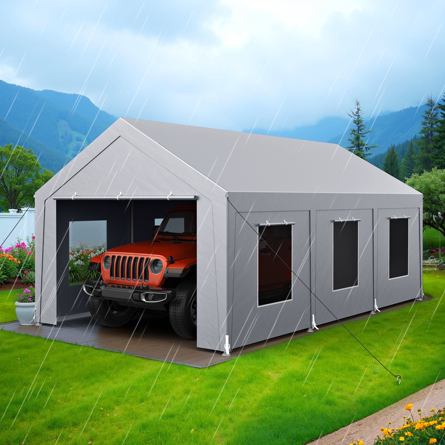 12'x20' Heavy Duty Carport with 6 Roll-up Mesh Windows & Rolling Door