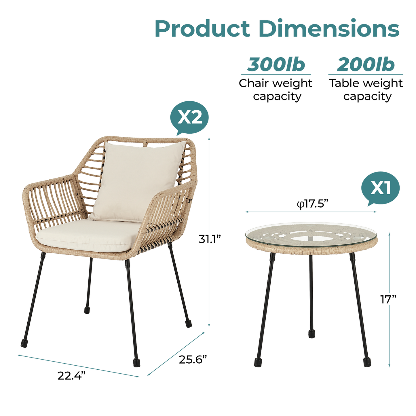 3 Piece Outdoor Wicker Bistro Set, Rattan Patio Furniture Conversation Set