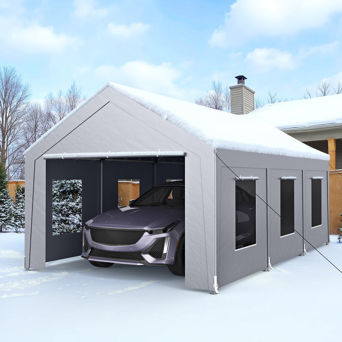 12'x20' Heavy Duty Carport with 6 Roll-up Mesh Windows & Rolling Door