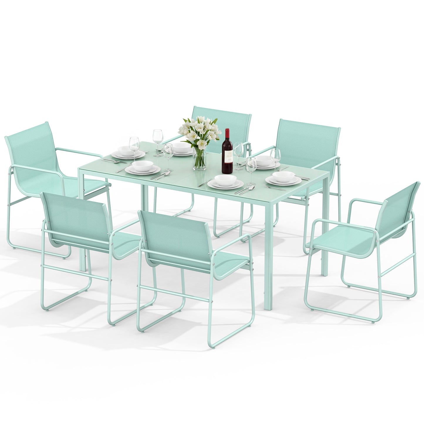 7 Piece Patio Dining Set with Glass Table and 6 Textilene Chairs,Green