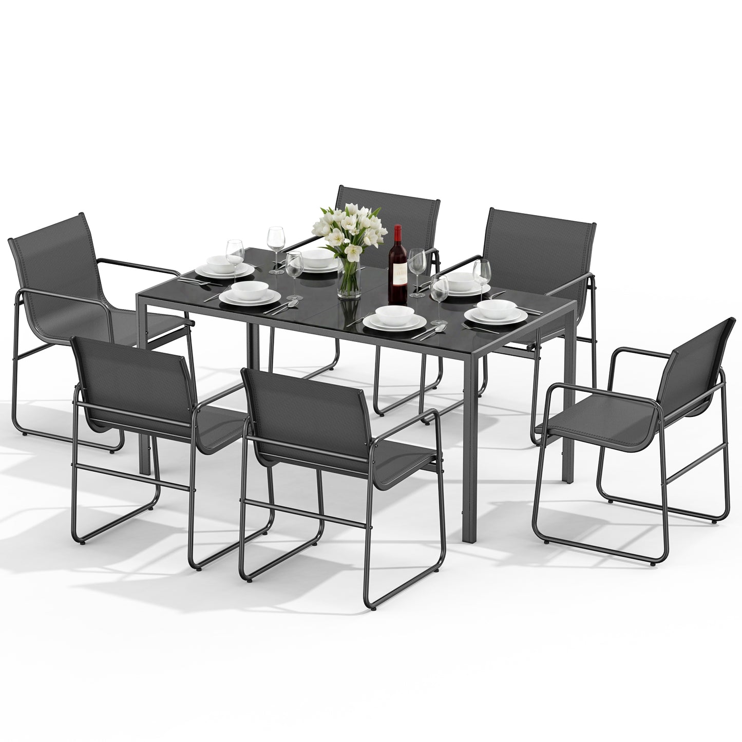 7 Piece Patio Dining Set with Glass Table and 6 Textilene Chairs,Black