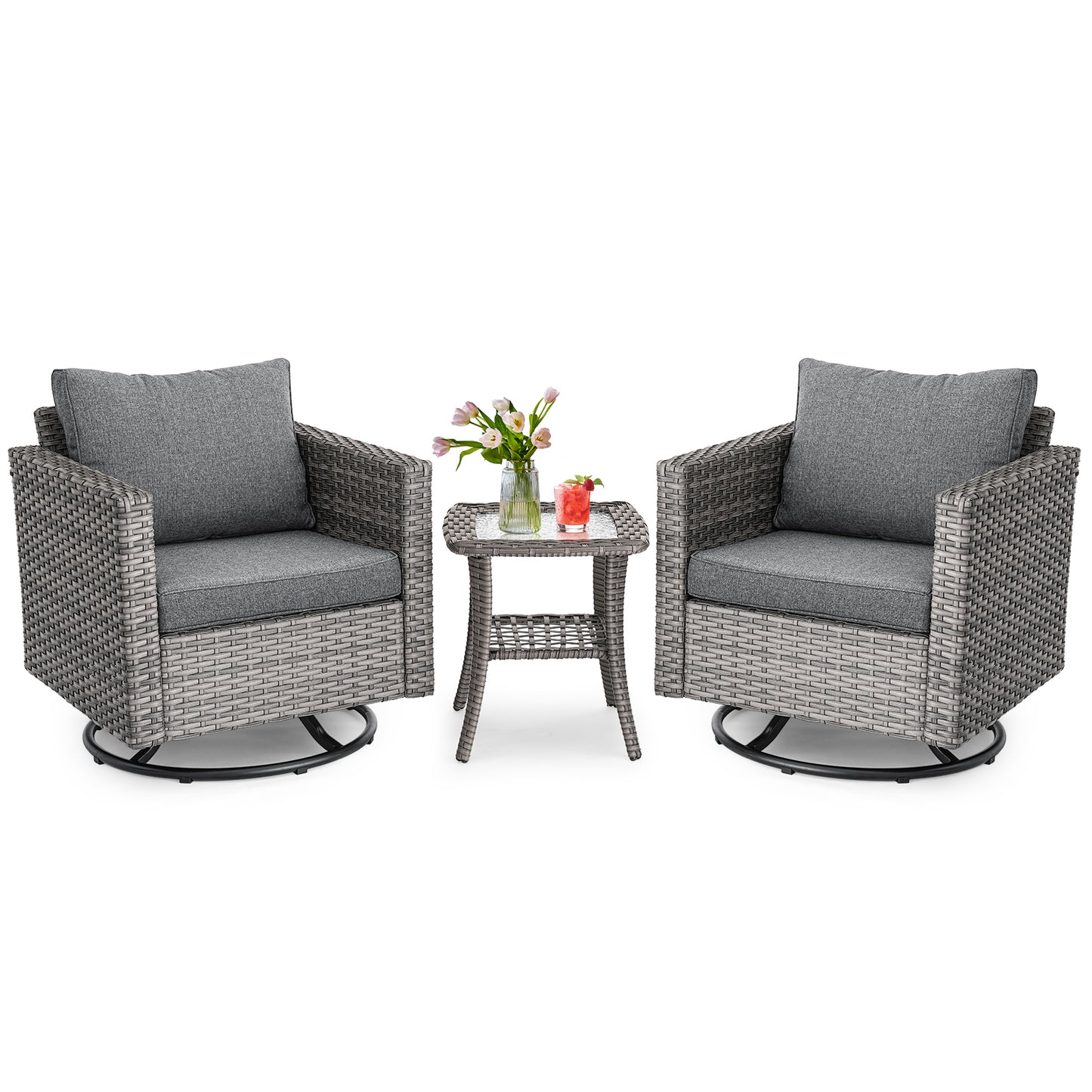 3 Pcs Patio Bistro Set w/ Wicker Swivel Rocking Chairs & Side Table