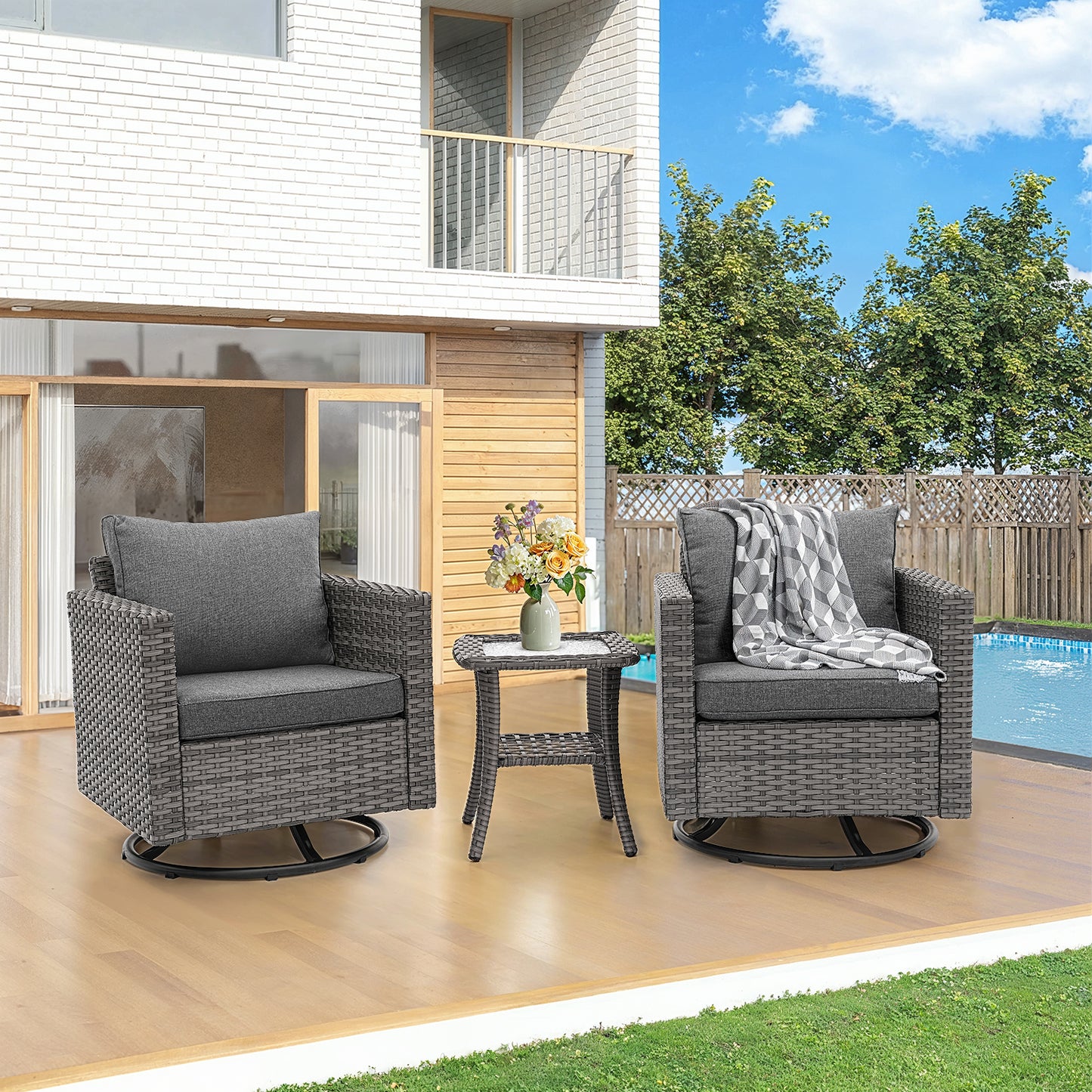 3 Pcs Patio Bistro Set w/ Wicker Swivel Rocking Chairs & Side Table