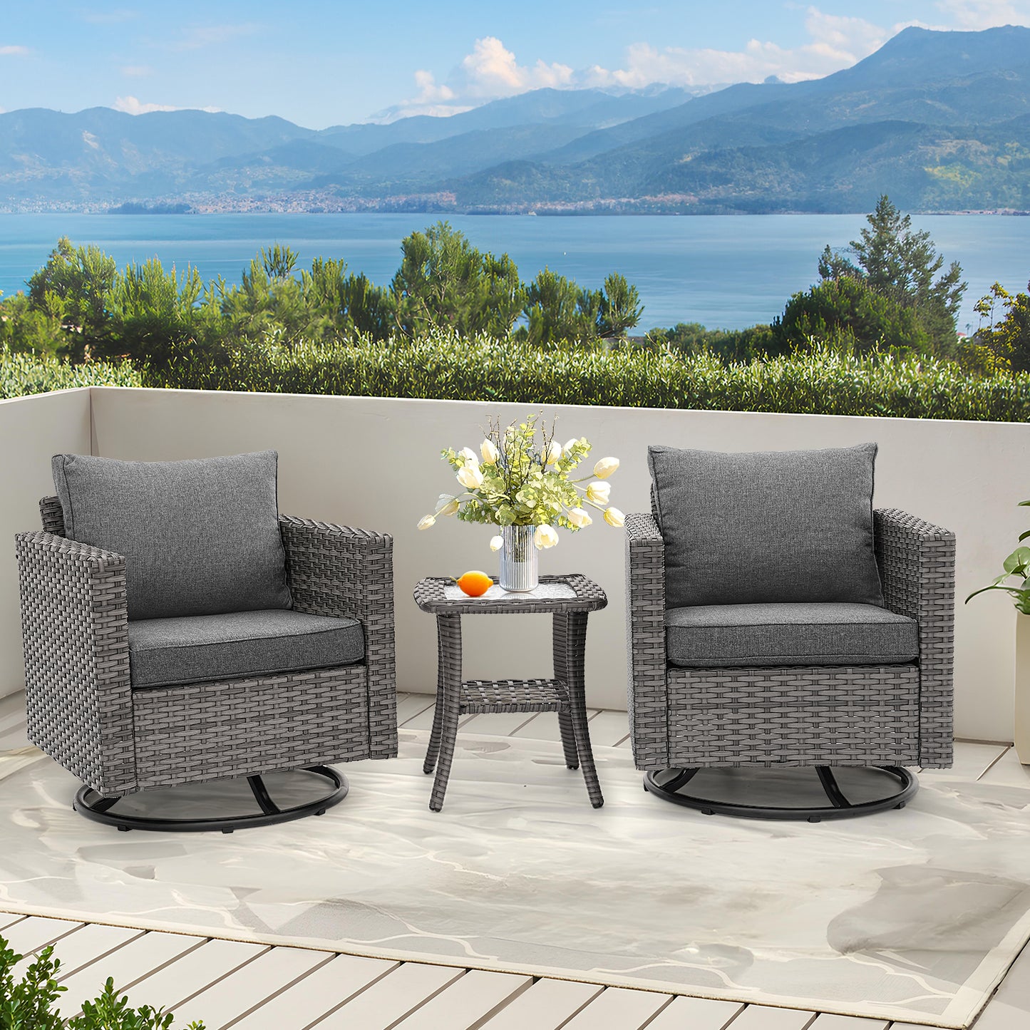 3 Pcs Patio Bistro Set w/ Wicker Swivel Rocking Chairs & Side Table