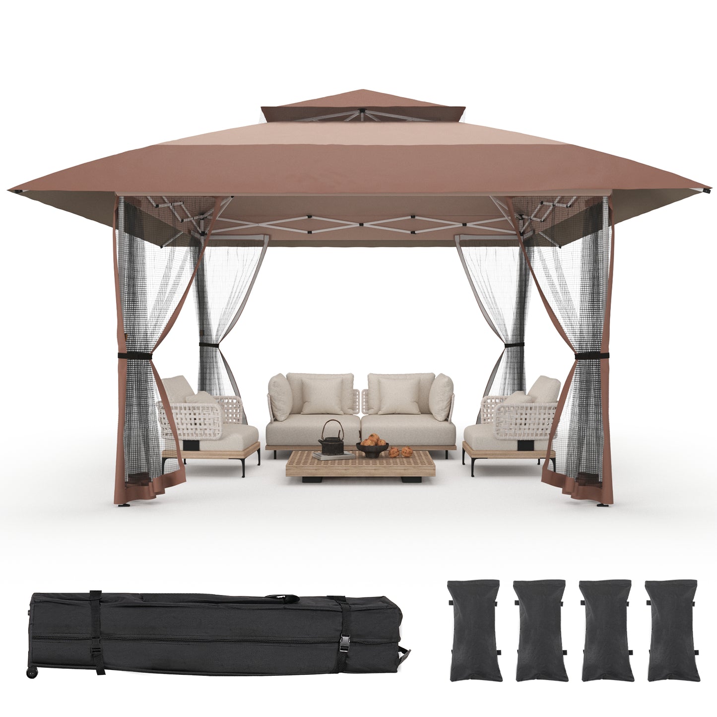 13x13ft Outdoor Pop Up Gazebo Instant Patio Tent Canopy Shelter, Brown