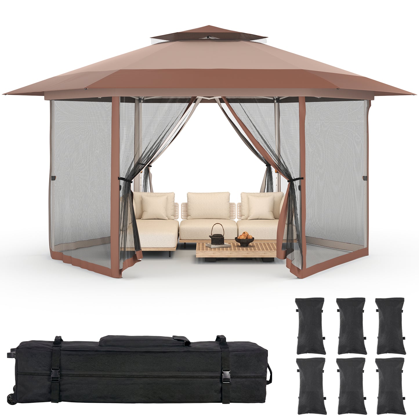 13' x 13' Pop Up Gazebo Hexagonal Canopy with Zippered Mesh Netting