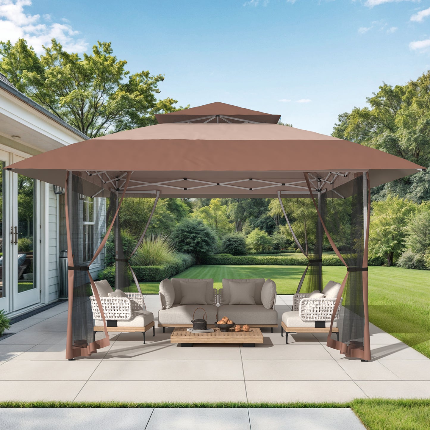 13x13ft Outdoor Pop Up Gazebo Instant Patio Tent Canopy Shelter, Brown