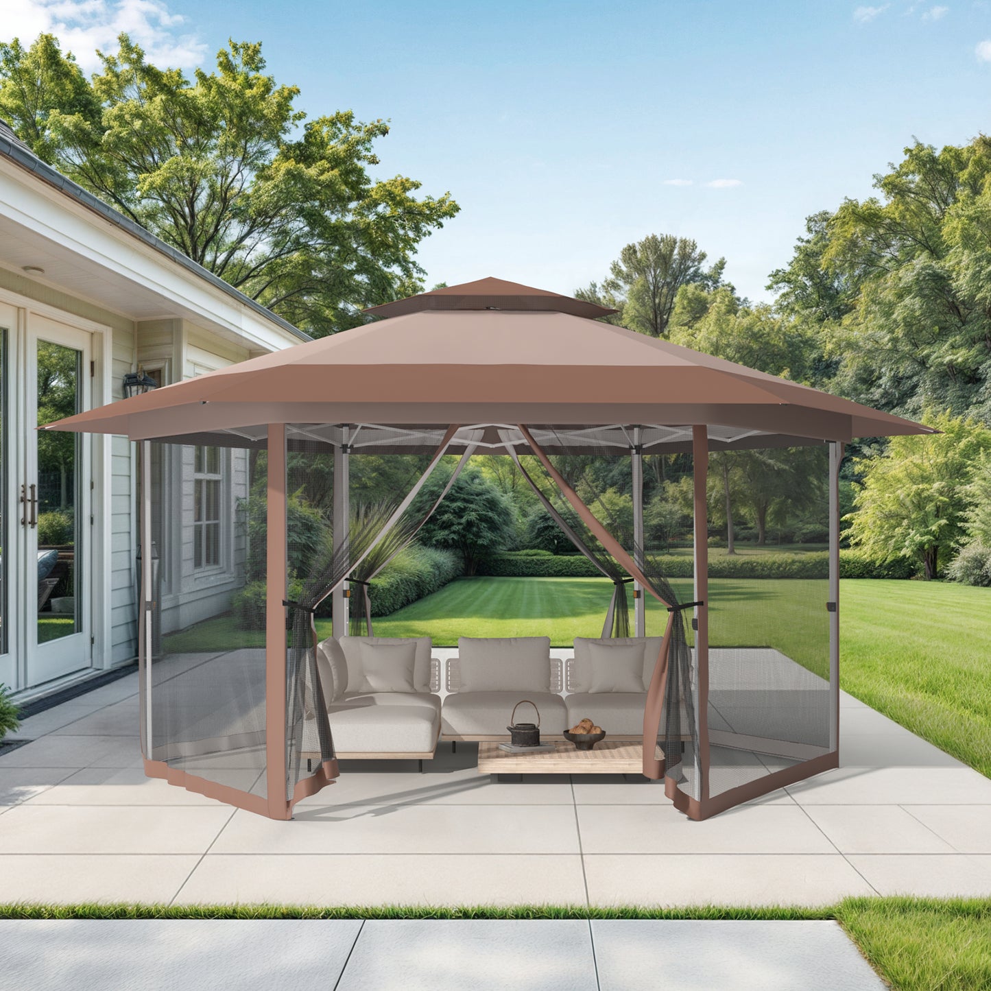 13' x 13' Pop Up Gazebo Hexagonal Canopy with Zippered Mesh Netting
