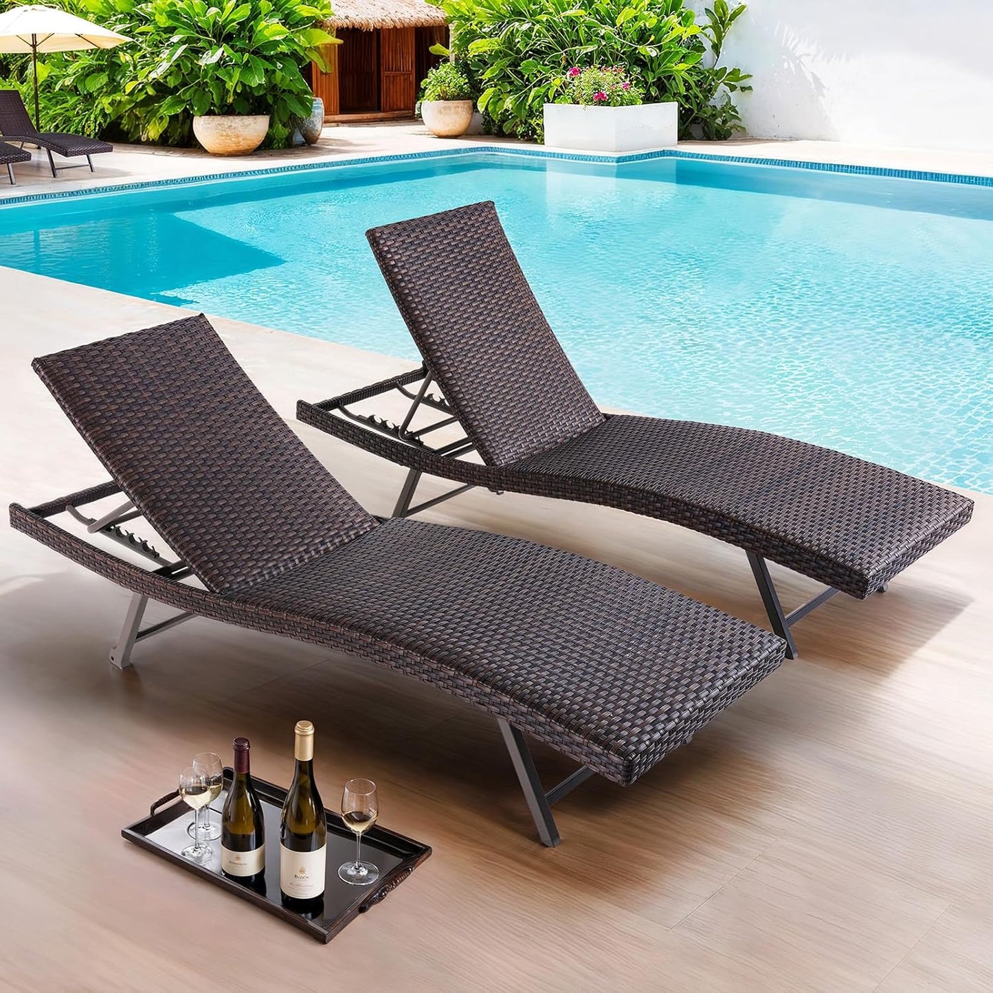 2 x Outdoor Chaise Lounge Chair, Rattan Lounger Recliner Tanning Chair