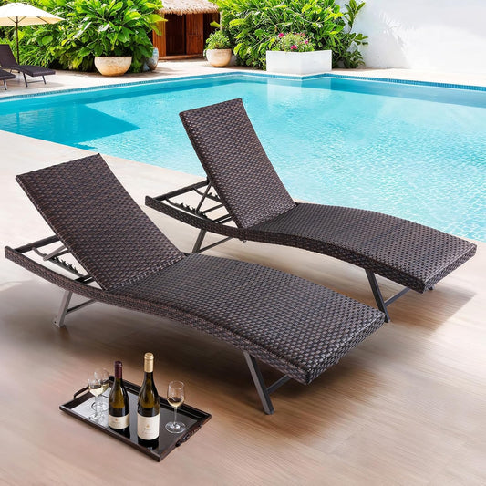 2 x Outdoor Chaise Lounge Chair, Rattan Lounger Recliner Tanning Chair