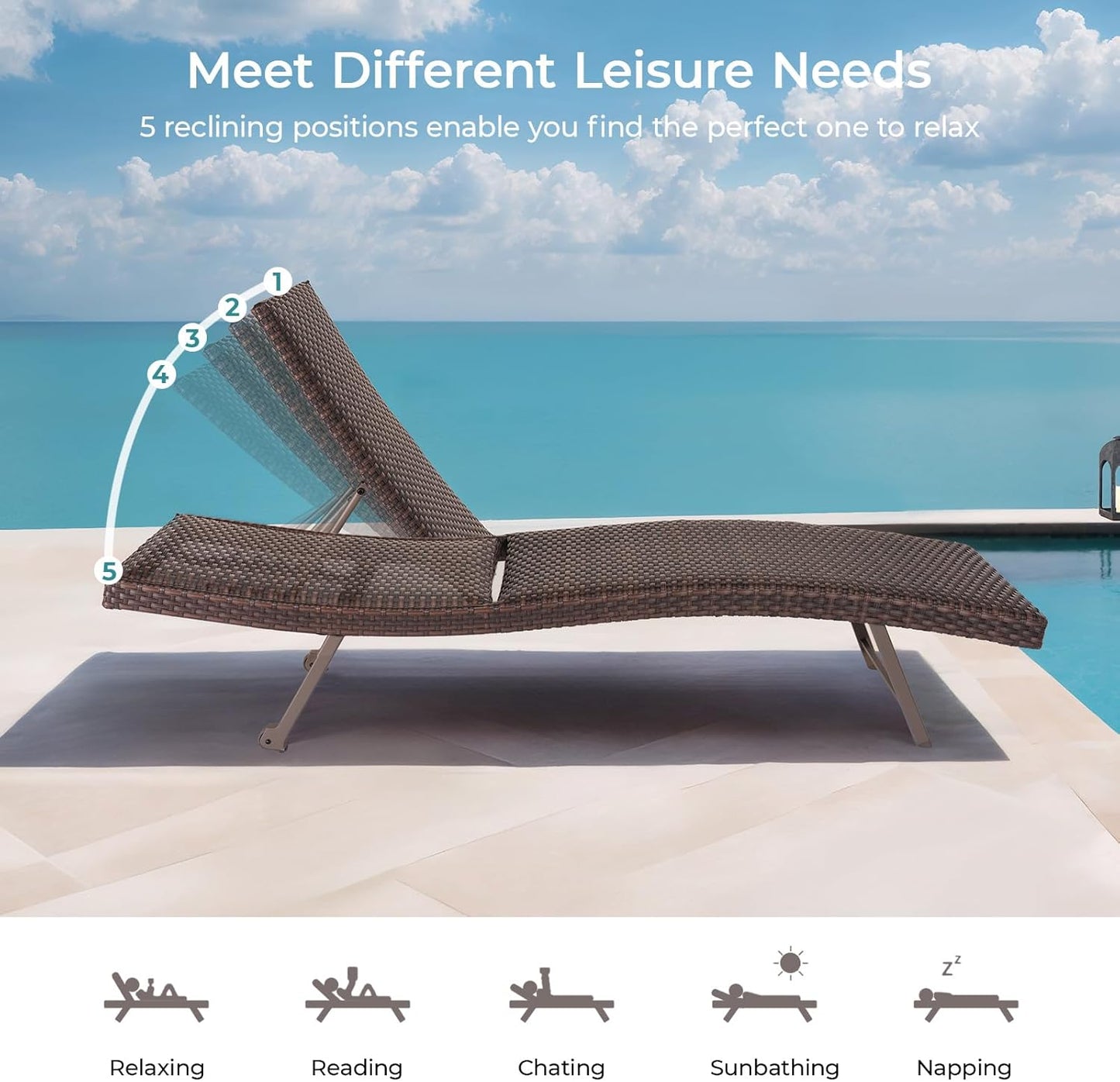 2 x Outdoor Chaise Lounge Chair, Rattan Lounger Recliner Tanning Chair