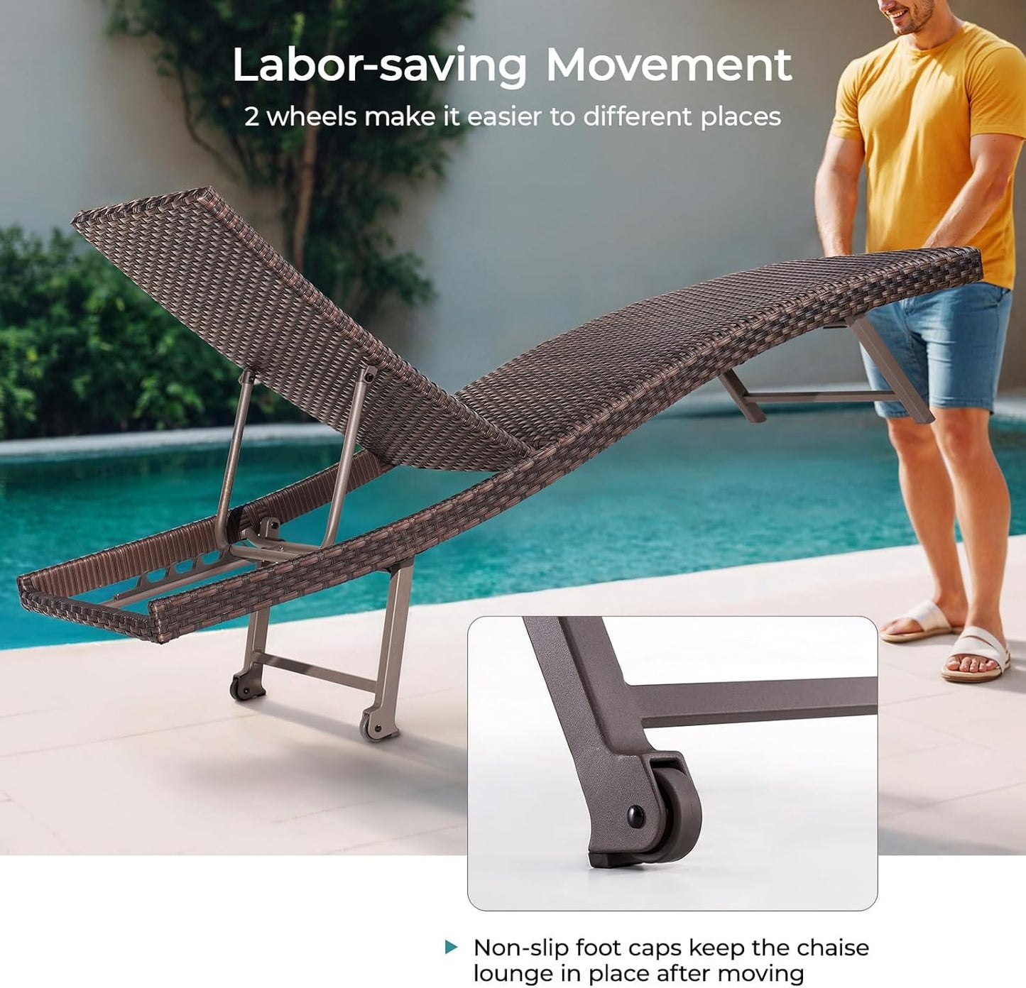 2 x Outdoor Chaise Lounge Chair, Rattan Lounger Recliner Tanning Chair