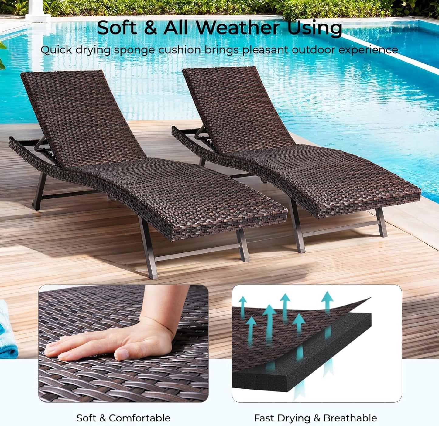 2 x Outdoor Chaise Lounge Chair, Rattan Lounger Recliner Tanning Chair