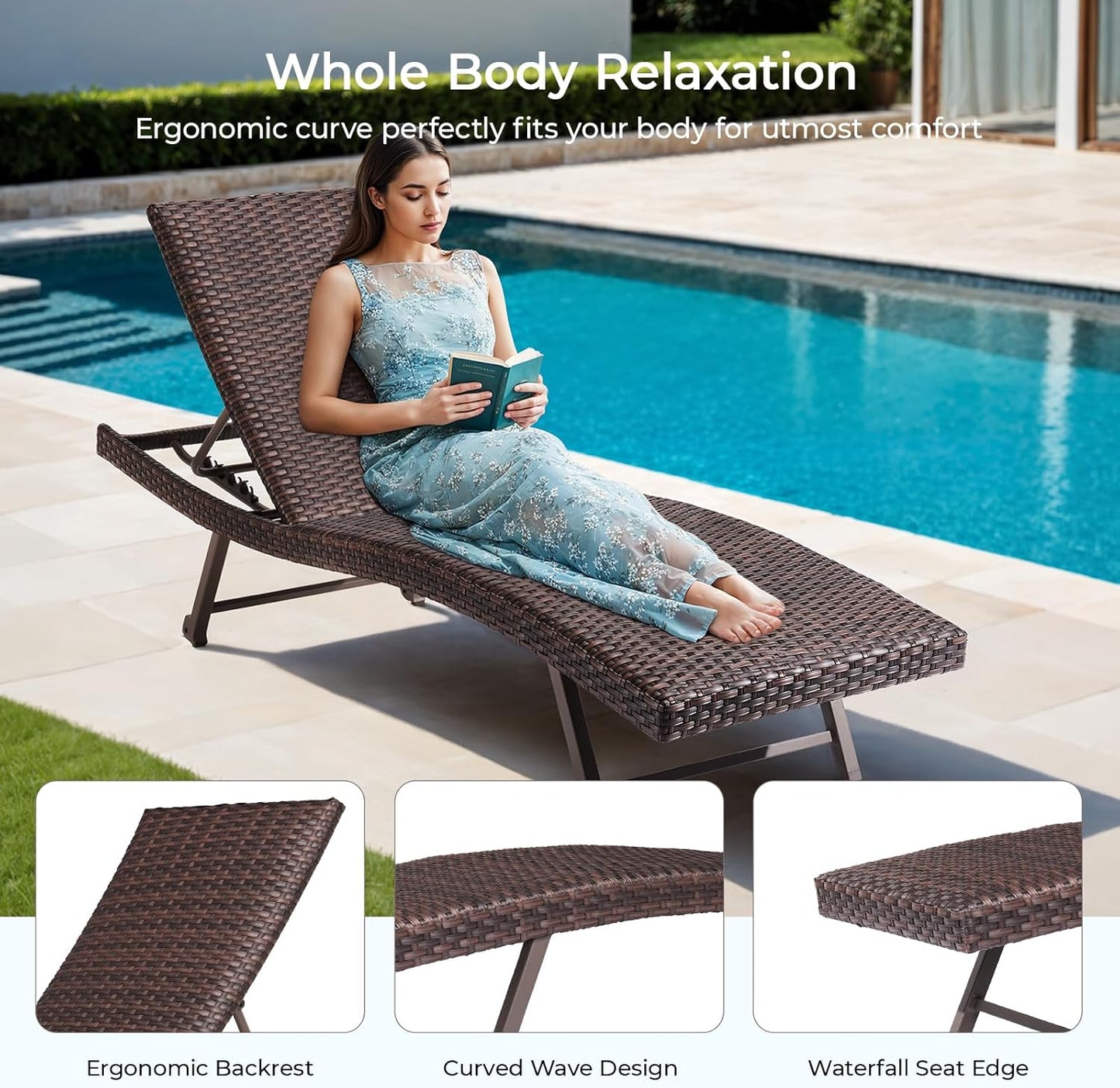 2 x Outdoor Chaise Lounge Chair, Rattan Lounger Recliner Tanning Chair