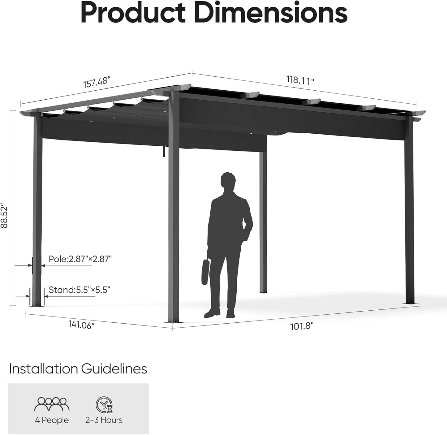 10'x13' Aluminum Outdoor Retractable Pergola with Canopy, Patio Gazebo