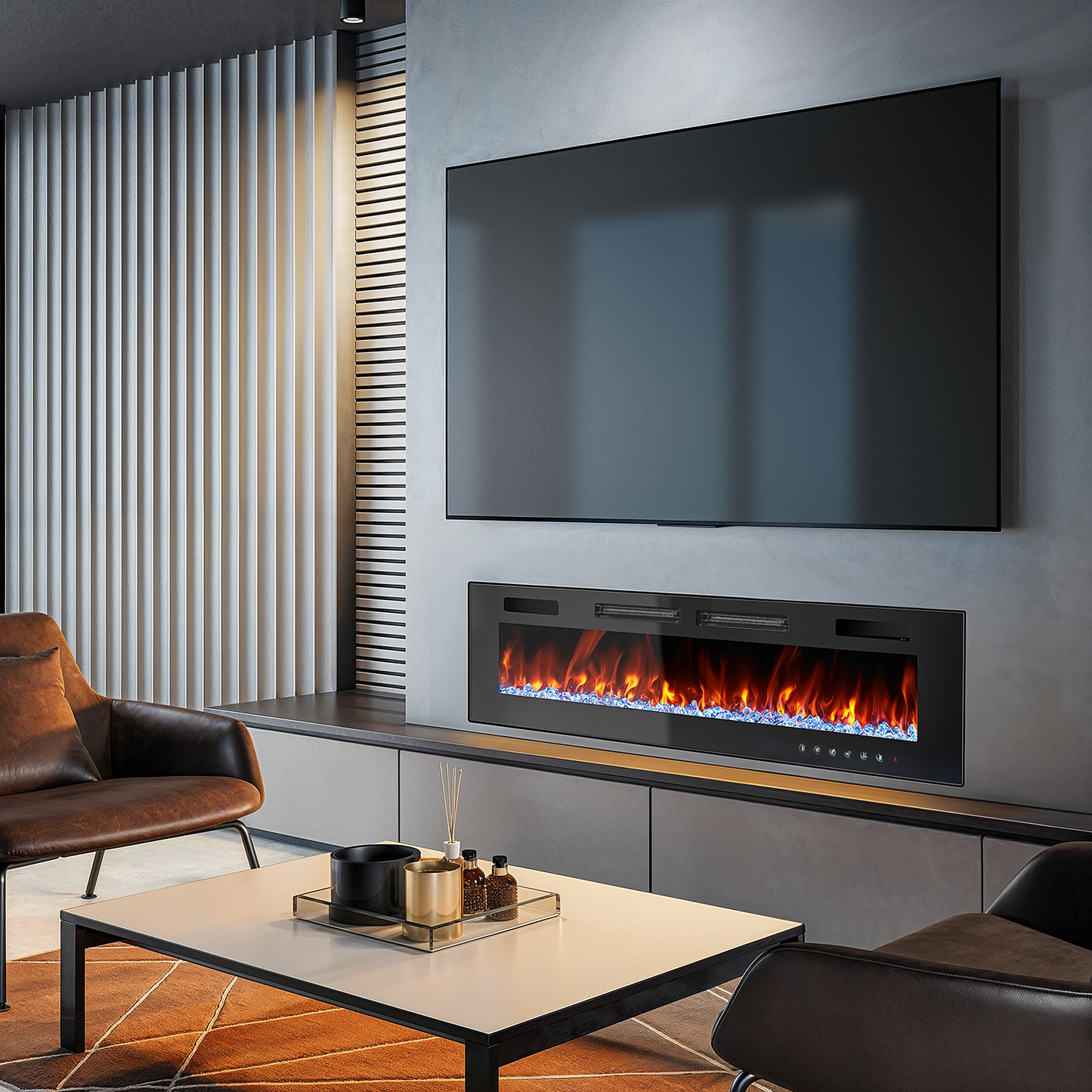 72" Electric Fireplace, 750/1500WRecessed Wall Mounted Electric Heater