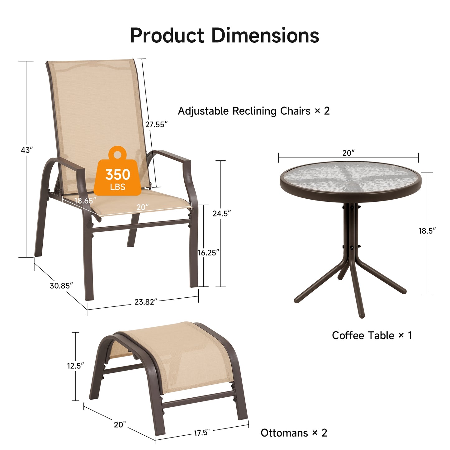 5 Piece Patio Furniture Set with 2 Ottomans and Glass Table, Brown