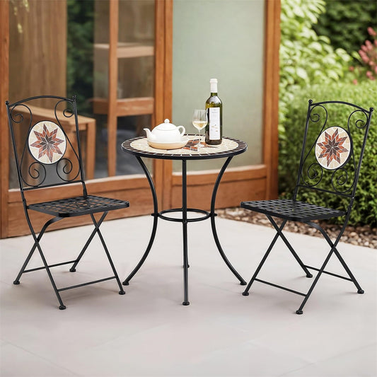 3 Piece Patio Bistro Set, Outdoor Metal Round Table w/ 2 Folding Chair
