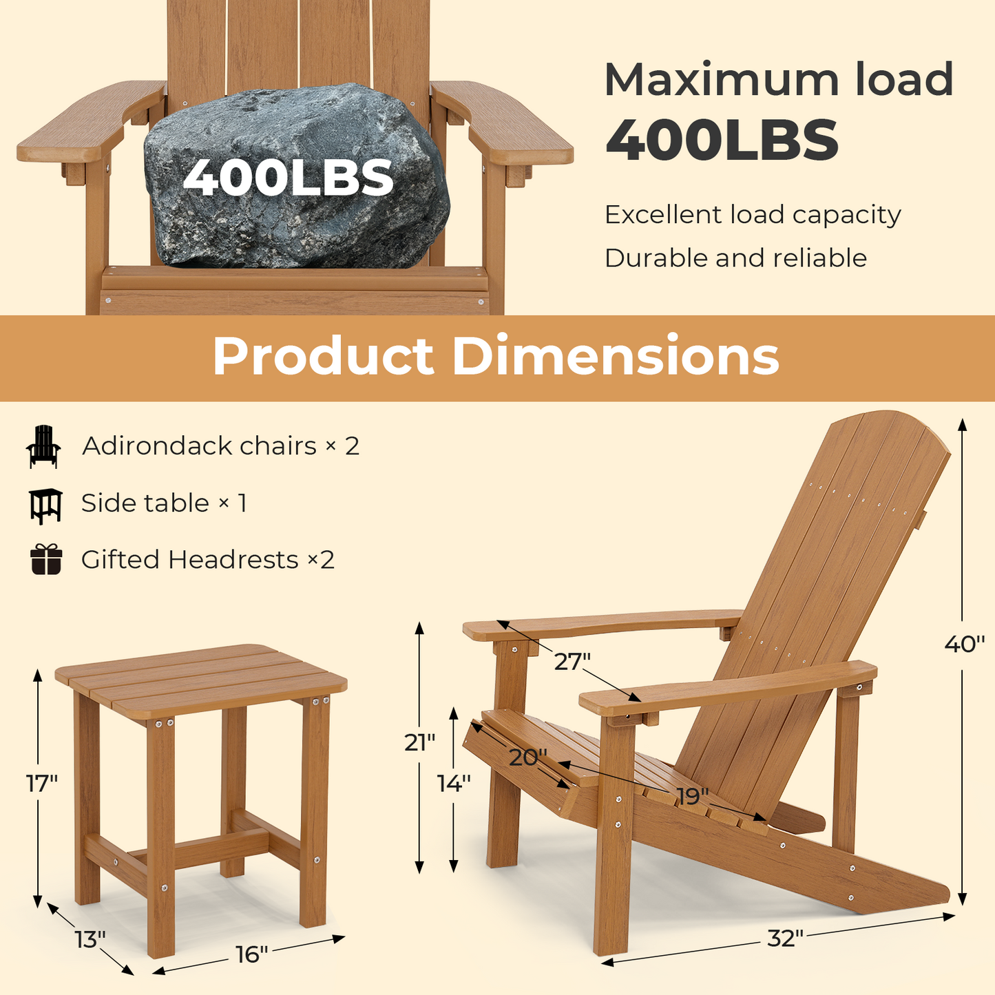 3 Piece Adirondack Chairs Set with Side Table and 2 Headrests