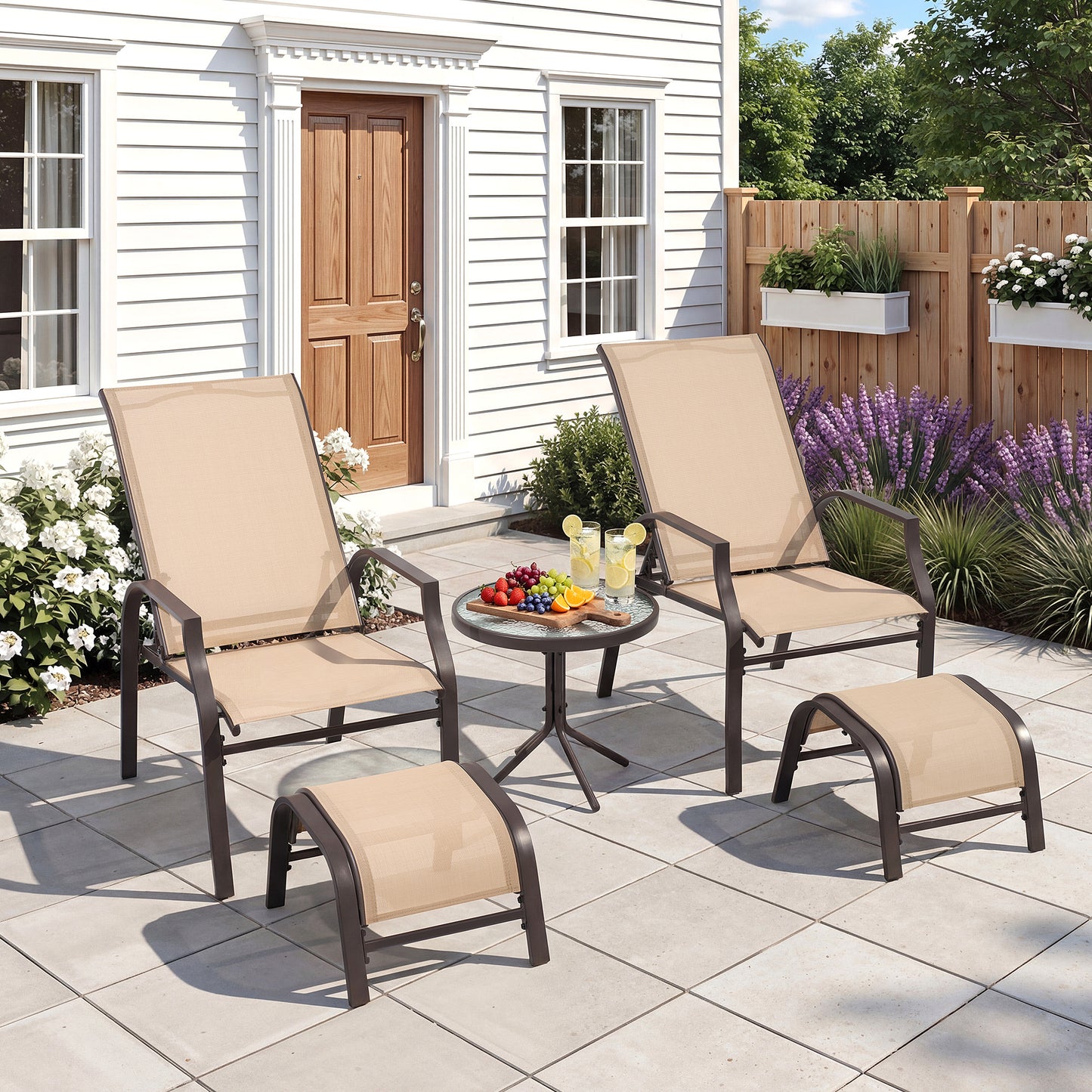 5 Piece Patio Furniture Set with 2 Ottomans and Glass Table, Brown