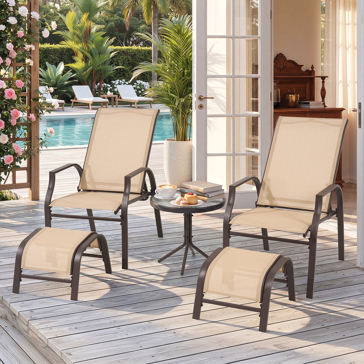 5 Piece Patio Furniture Set with 2 Ottomans and Glass Table, Brown