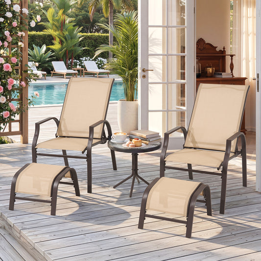 5 Piece Patio Furniture Set with 2 Ottomans and Glass Table, Brown