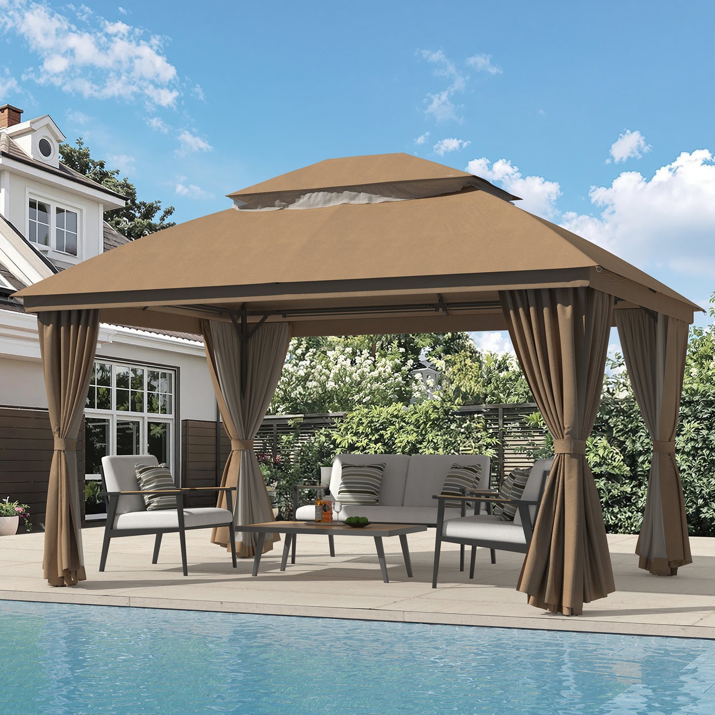 10'x13' Outdoor Patio Gazebo with Double Roof & Mosquito Netting,Brown