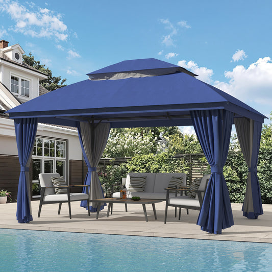 10'x13' Outdoor Patio Gazebo with Double Roof & Mosquito Netting, Blue