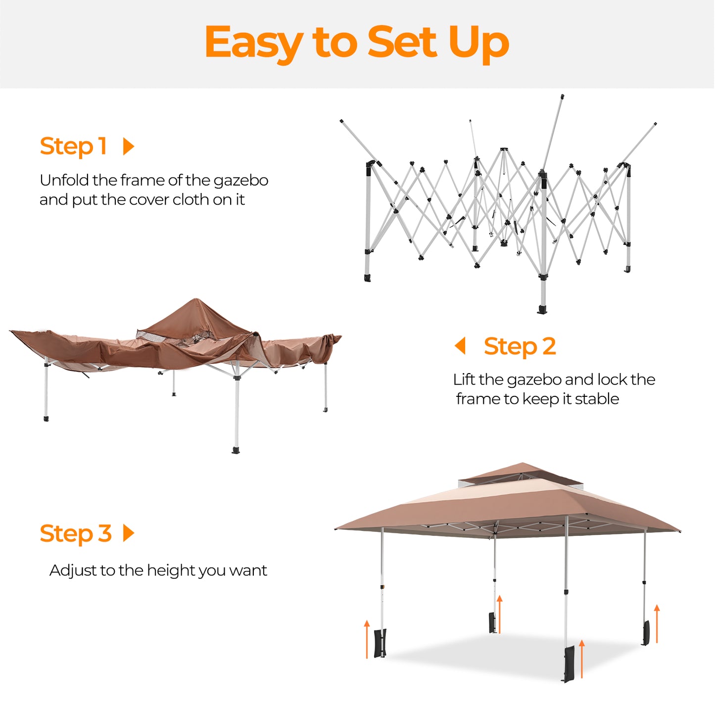 13x13ft Outdoor Pop Up Gazebo Instant Patio Tent Canopy Shelter, Brown