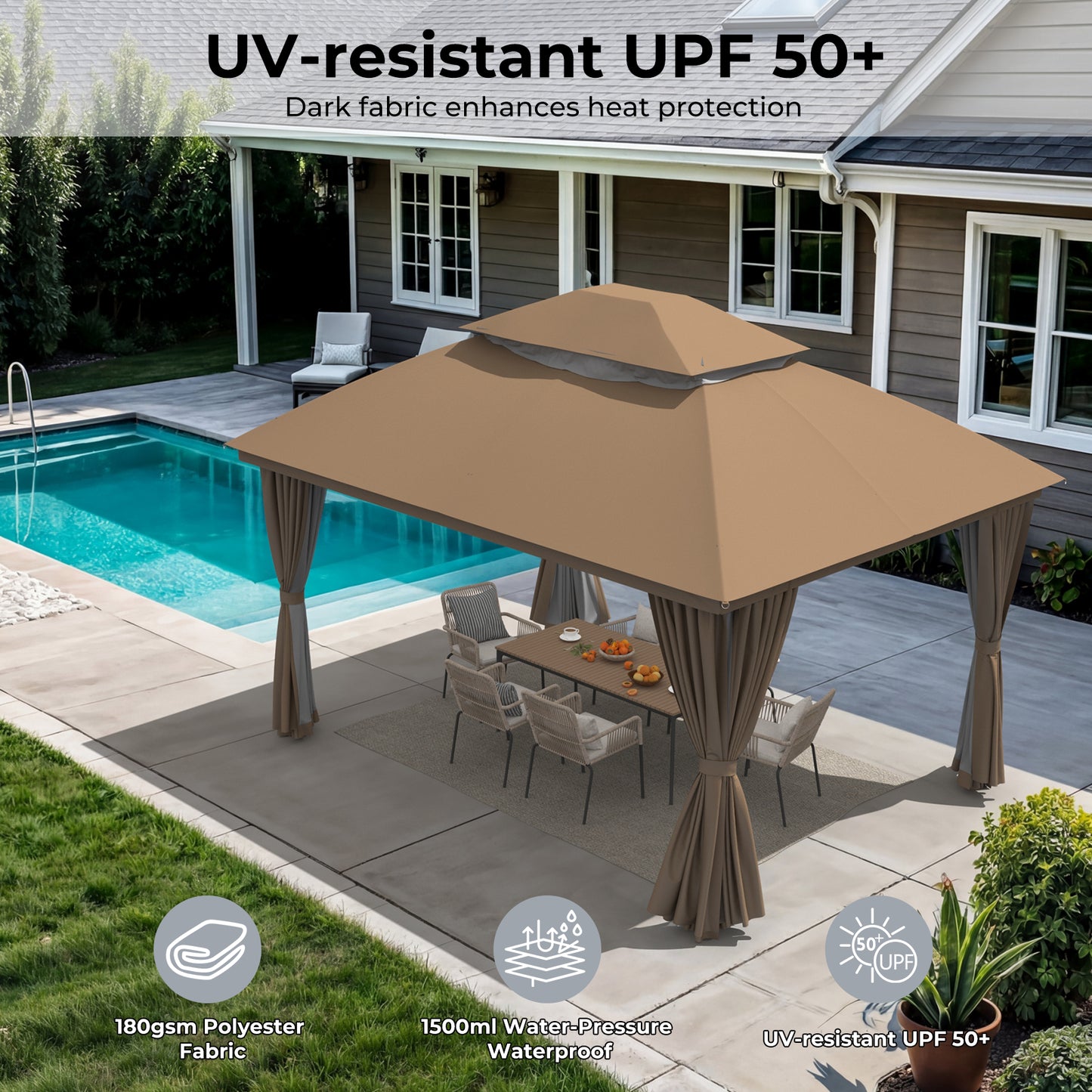 10'x13' Outdoor Patio Gazebo with Double Roof & Mosquito Netting,Brown