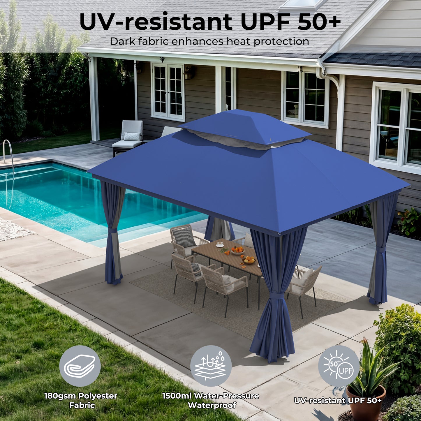 10'x13' Outdoor Patio Gazebo with Double Roof & Mosquito Netting, Blue