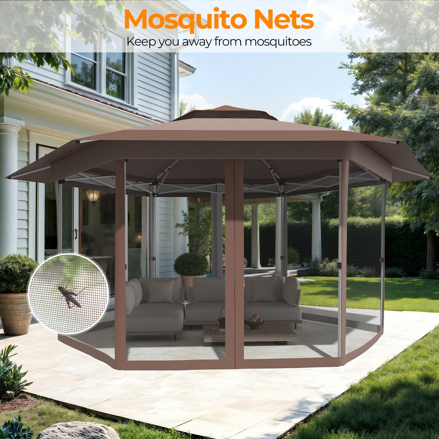 13' x 13' Pop Up Gazebo Hexagonal Canopy with Zippered Mesh Netting
